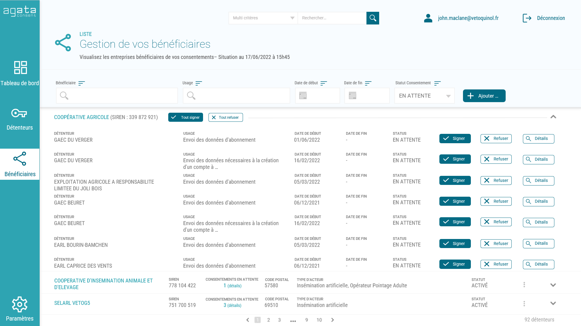 Écran d'historique des consentements d'un Détenteur du portail AGATA CONSENT