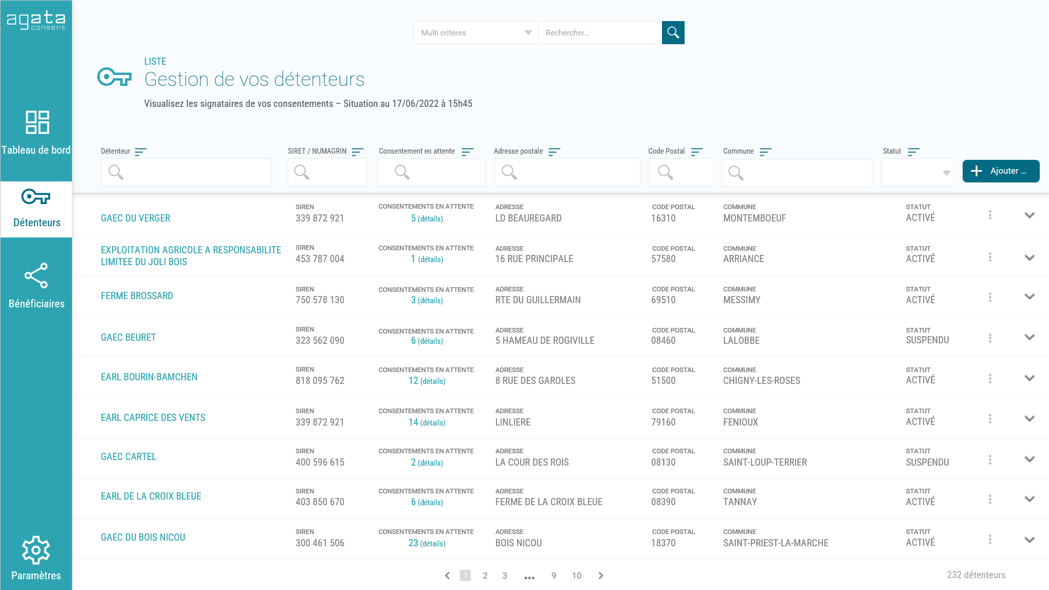 Écran de gestion des Entreprises du portail AGATA CONSENT